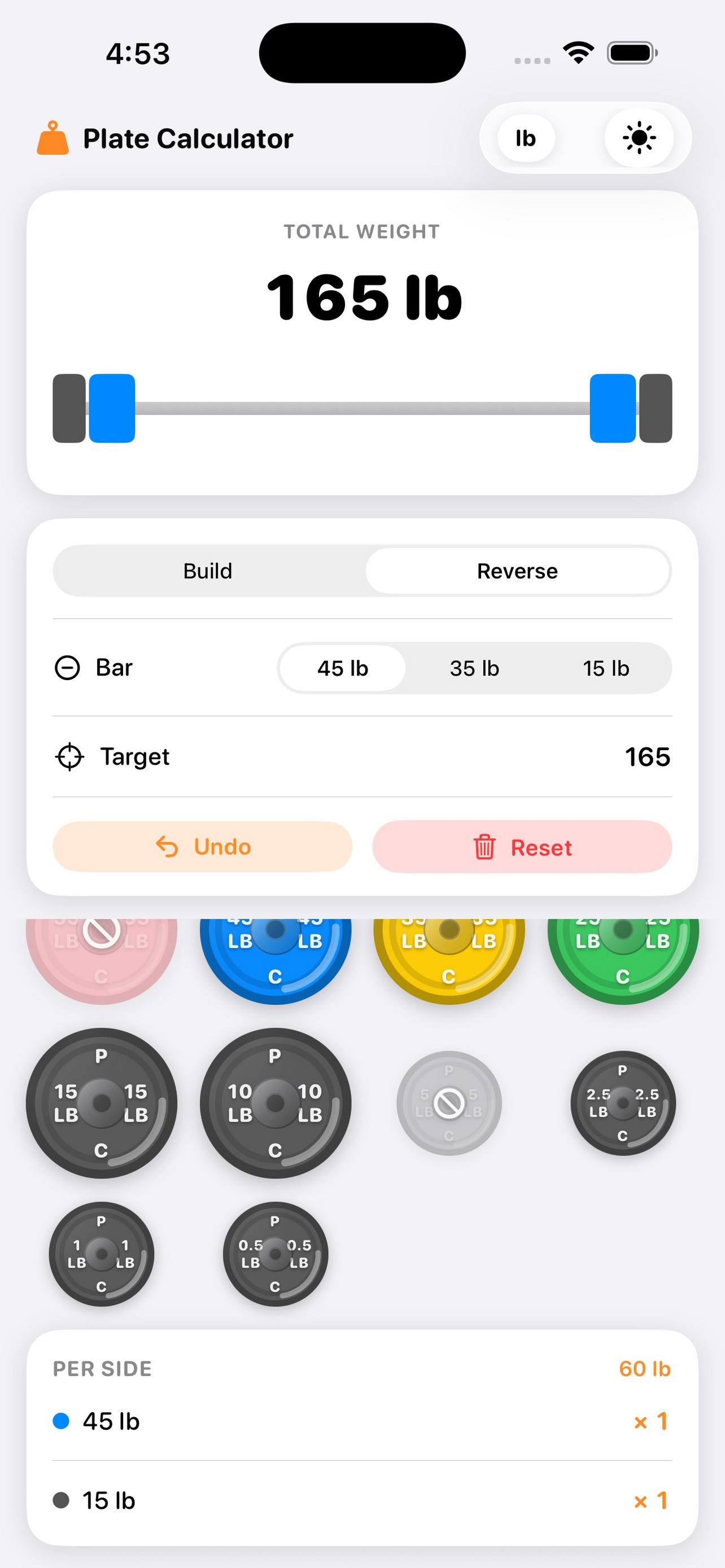 Plate Calculator Reverse mode 165 lb screenshot